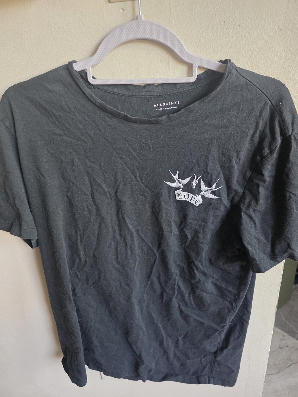 All Saints Black Tee with White Swallow Graphic